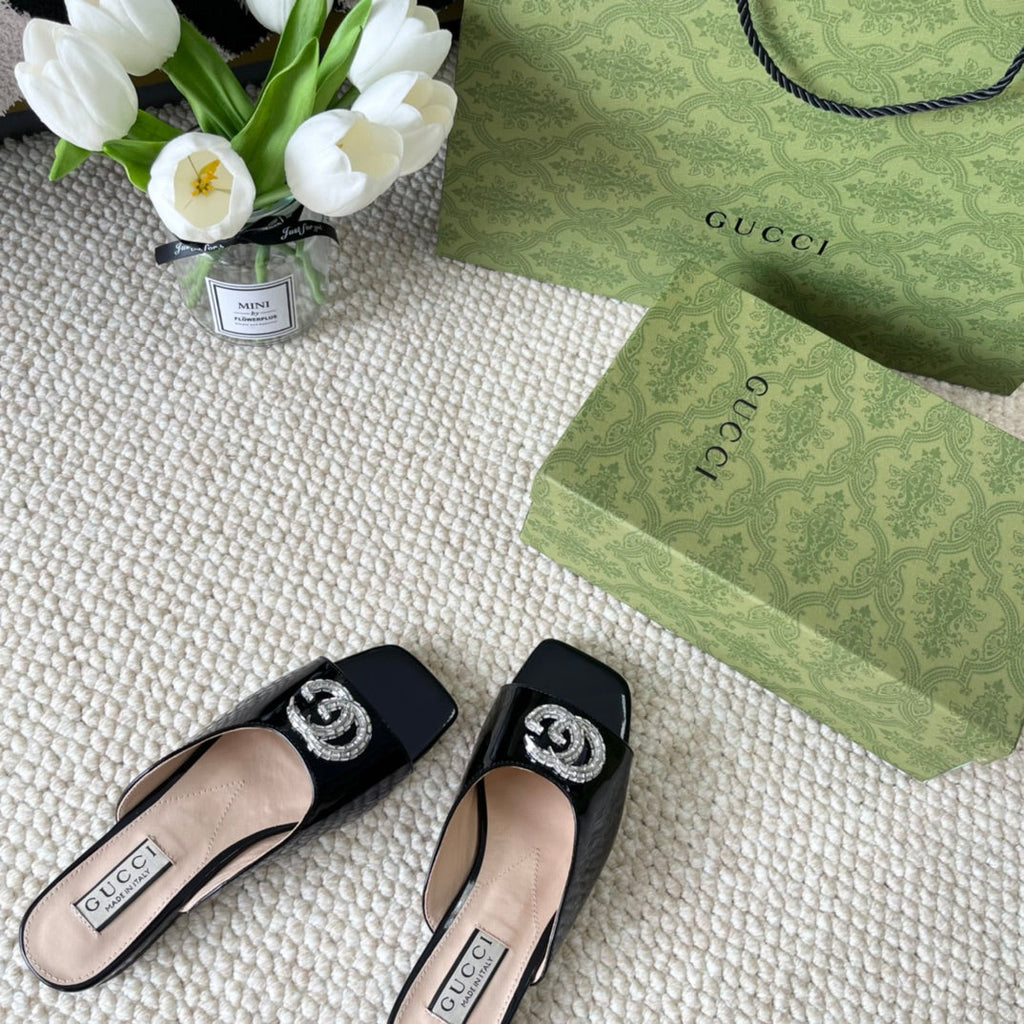 GUCCI CRYSTAL SLIDES SANDAL BLACK AND CREAM CALFSKIN