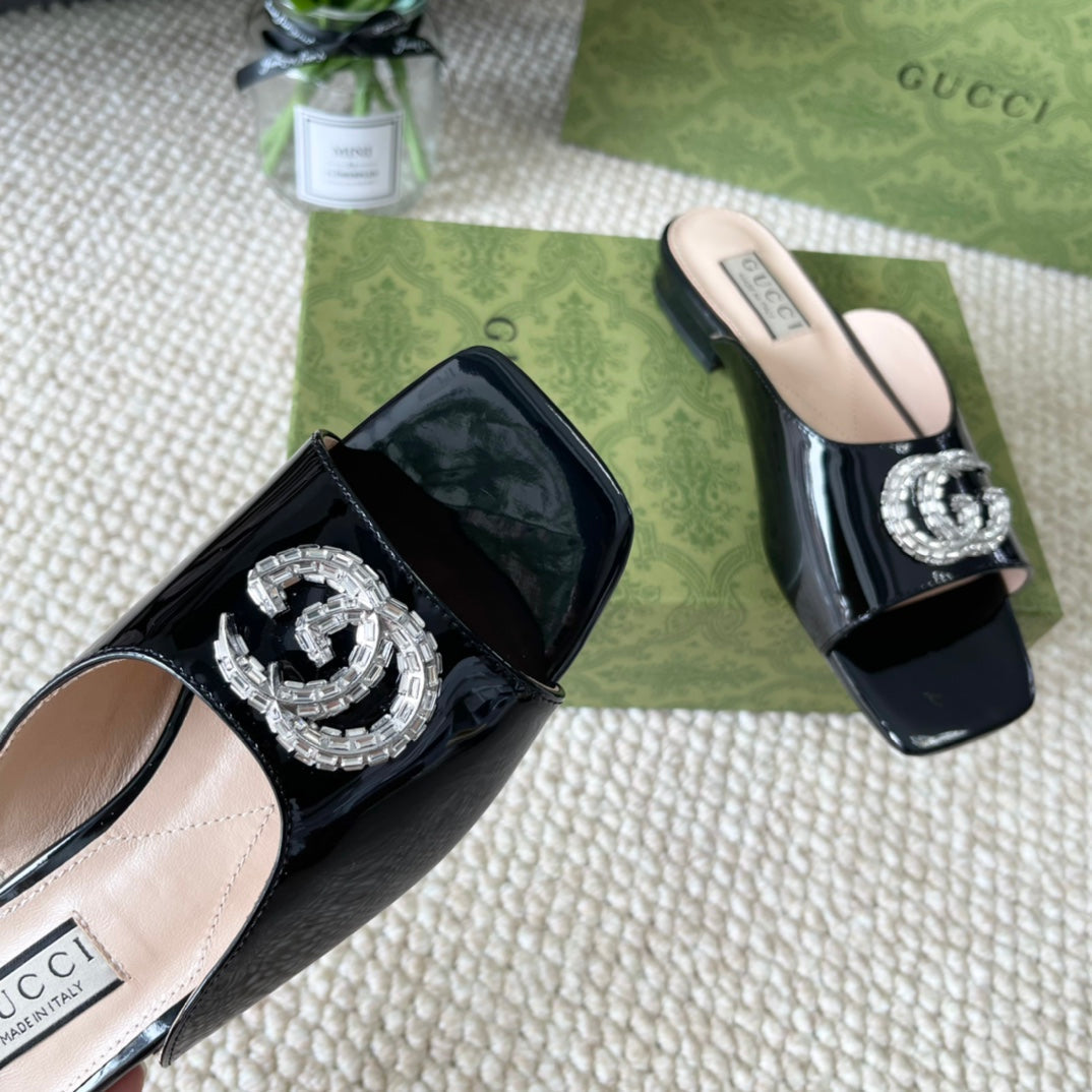 GUCCI CRYSTAL SLIDES SANDAL BLACK AND CREAM CALFSKIN