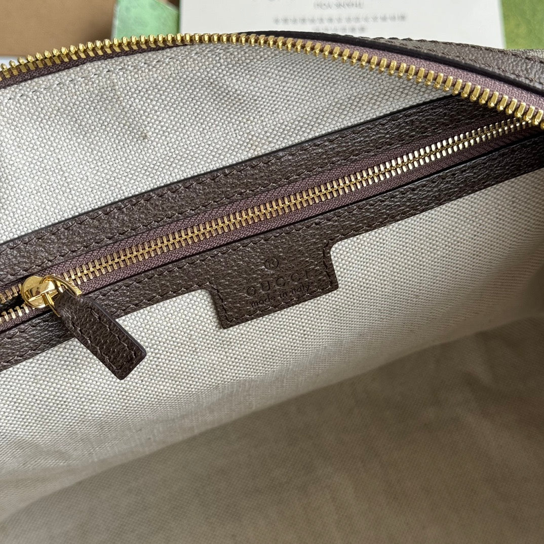 GUCCI OPHIDIA LARGE BOSTON BAG 31 IN BEIGE EBONY  BROWN CALFSKIN TRIM