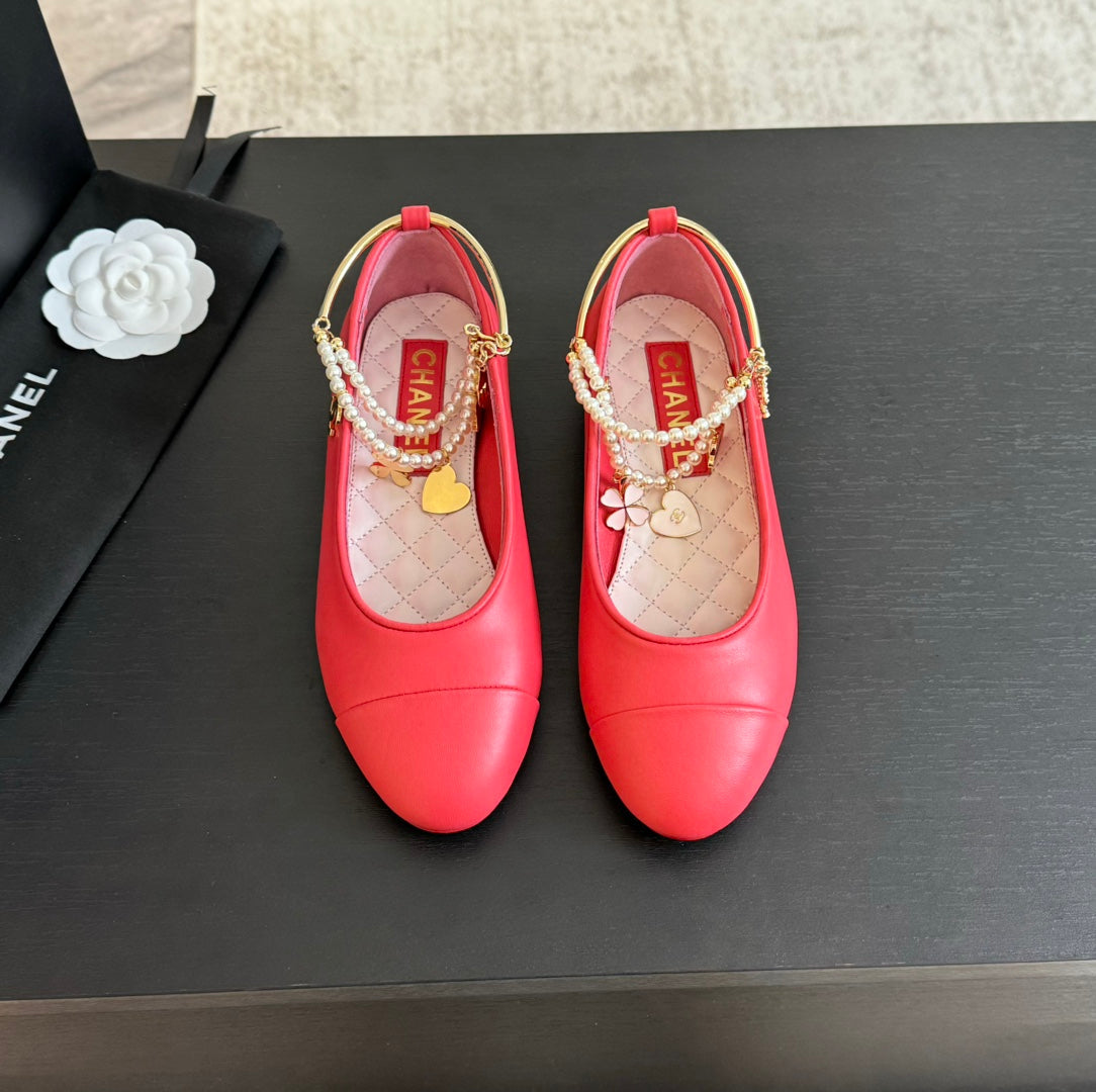 CHANEL Double Strap Chunky Heel Mary Jane Shoes Red Pink