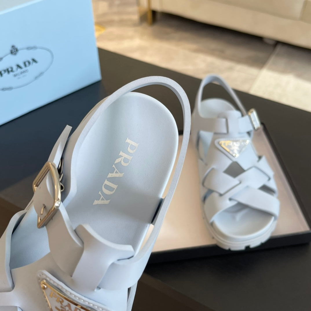 PRADA CRISSCROSS RUBBER SANLS PASTEL SKY CALFSKIN