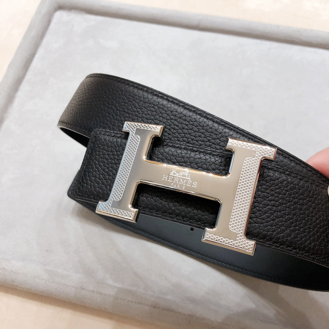 HERMES H D'ANCRE BELT BUCKLE & REVERSIBLE BLACK LEATHER STRAP 38 MM SILVER HARDWARE