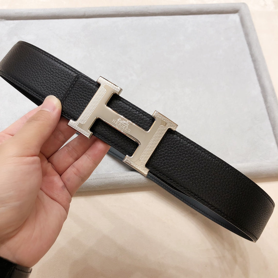 HERMES BELT BUCKLE & REVERSIBLE BLACK LEATHER STRAP 38 MM SILVER HARDWARE