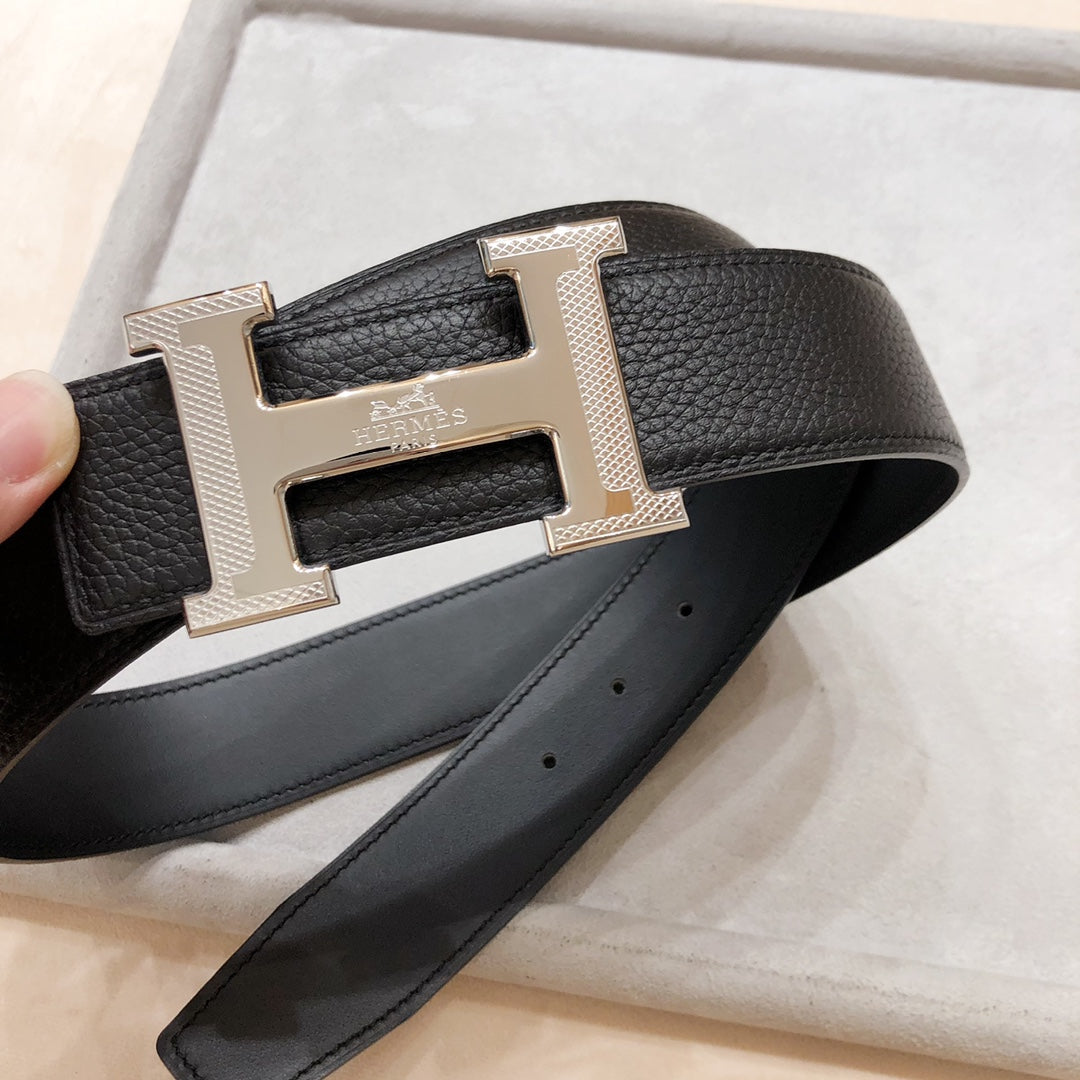HERMES BELT BUCKLE & REVERSIBLE BLACK LEATHER STRAP 38 MM SILVER HARDWARE