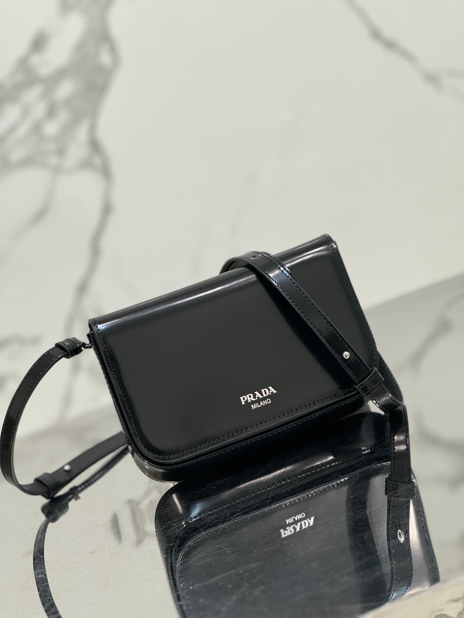 PRADA FLAP BAG 18 IN BLACK SHINY CALFSKIN