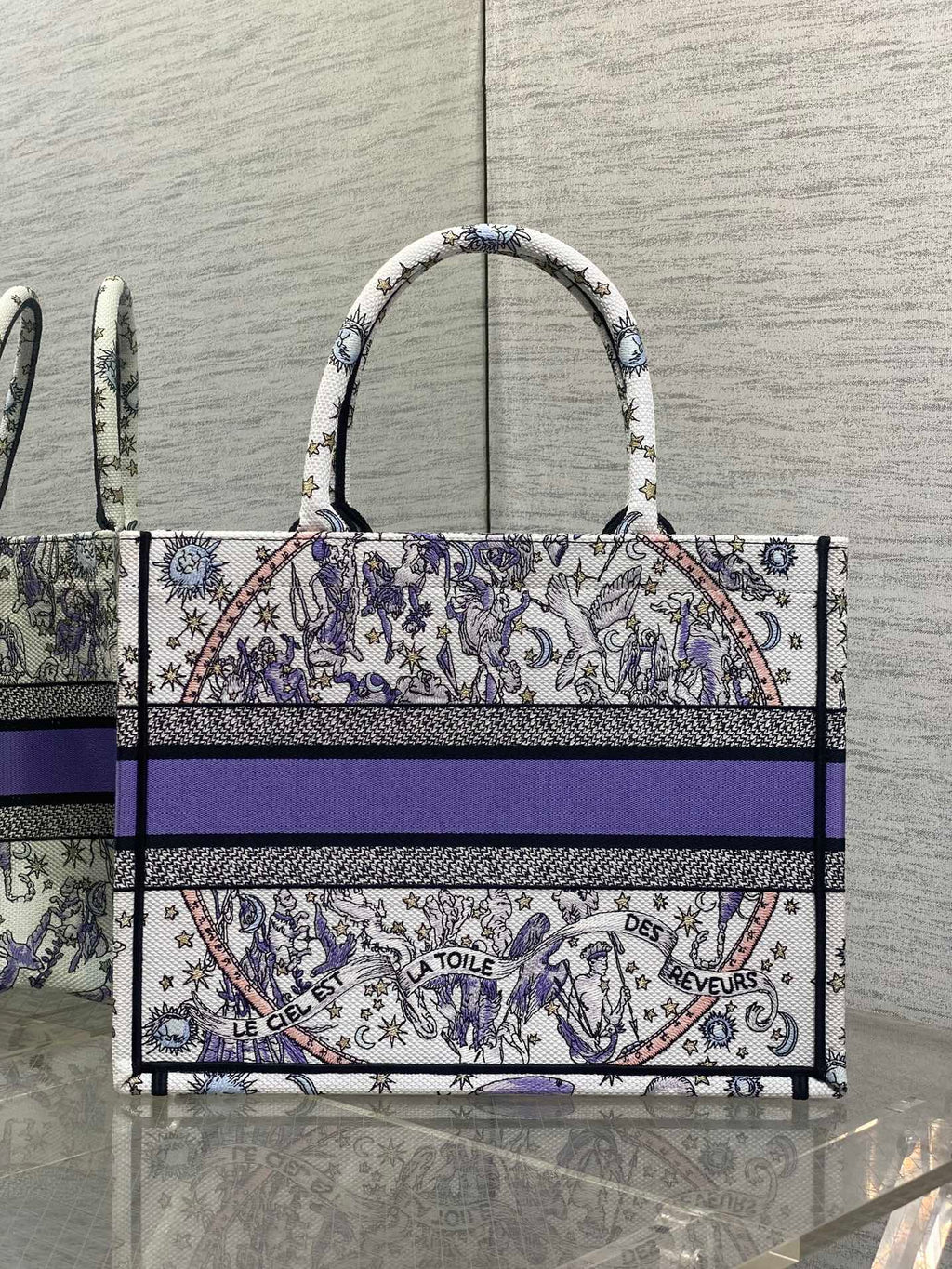 DIOR 25S LUCKY MEDIUM BOOK TOTE 36 IN WHITE AND PURPLE DIOR NIGHT OF DREAMS EMBROIDERY