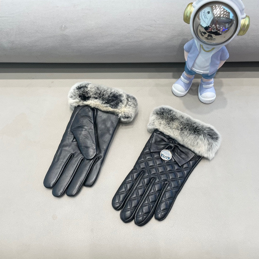 GUCCI TOUCHSCREEN GLOVES WITH BOW IN BLACK RABBIT FUR MIX LAMBSKIN 463796