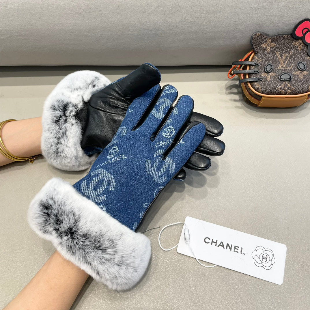 CHANEL GLOVES IN NAVY BLUE DENIM AND BLACK CALFSKIN 463798