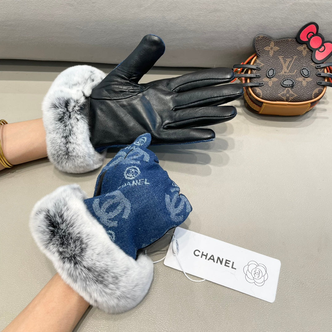 CHANEL GLOVES IN NAVY BLUE DENIM AND BLACK CALFSKIN 463798
