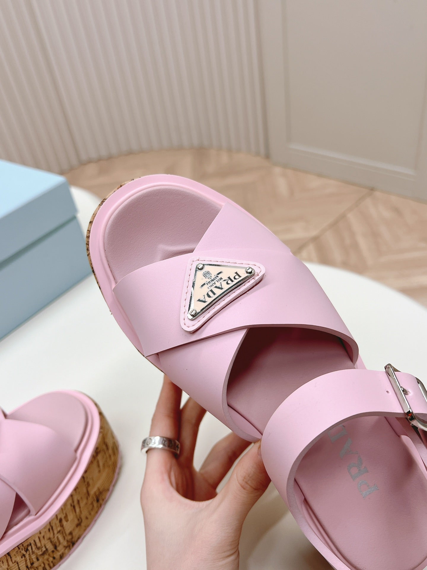 PRADA WEDGE PLATFORM SANLS PASTEL PINK CALFSKIN