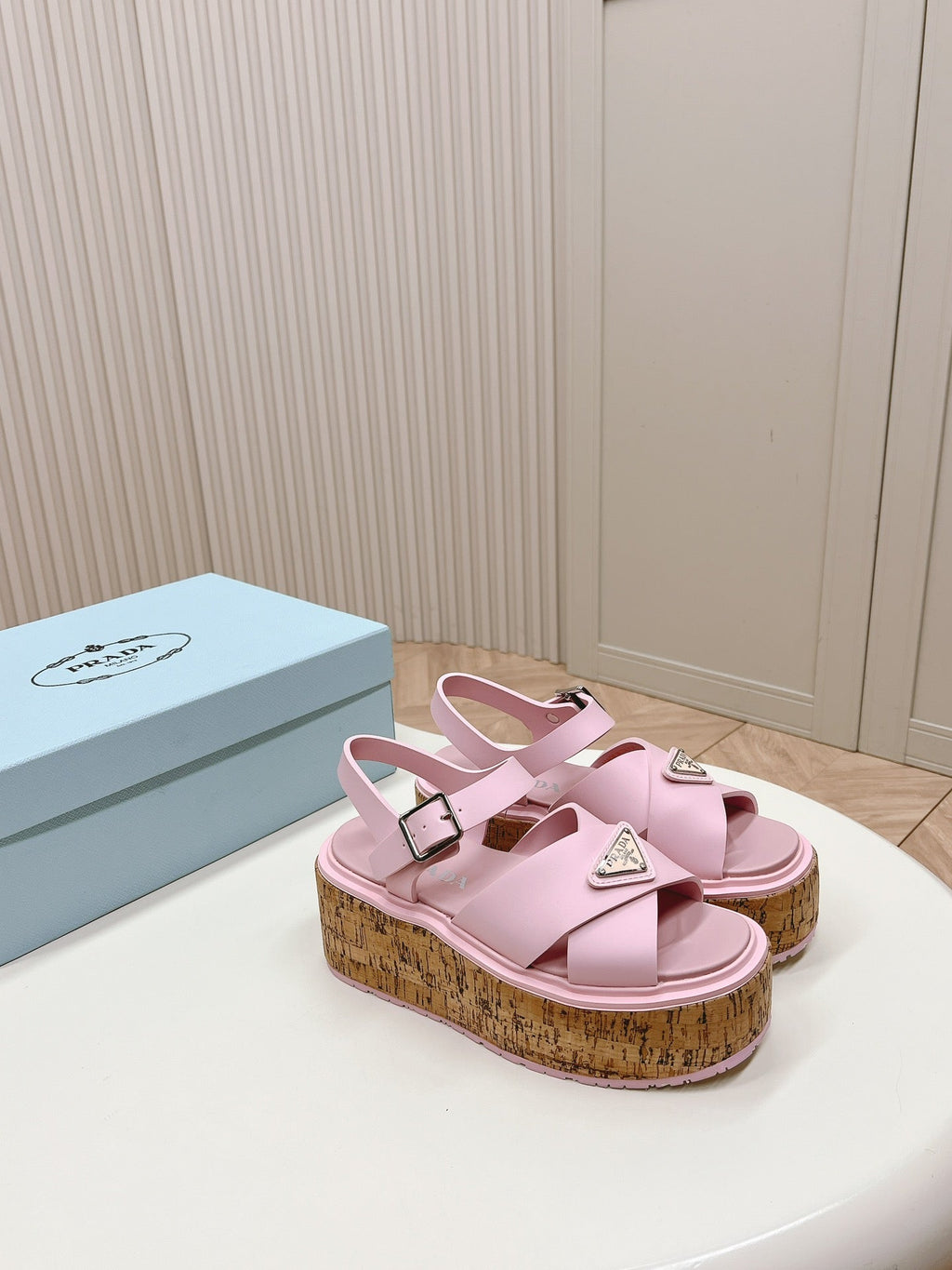 PRADA WEDGE PLATFORM SANLS PASTEL PINK CALFSKIN