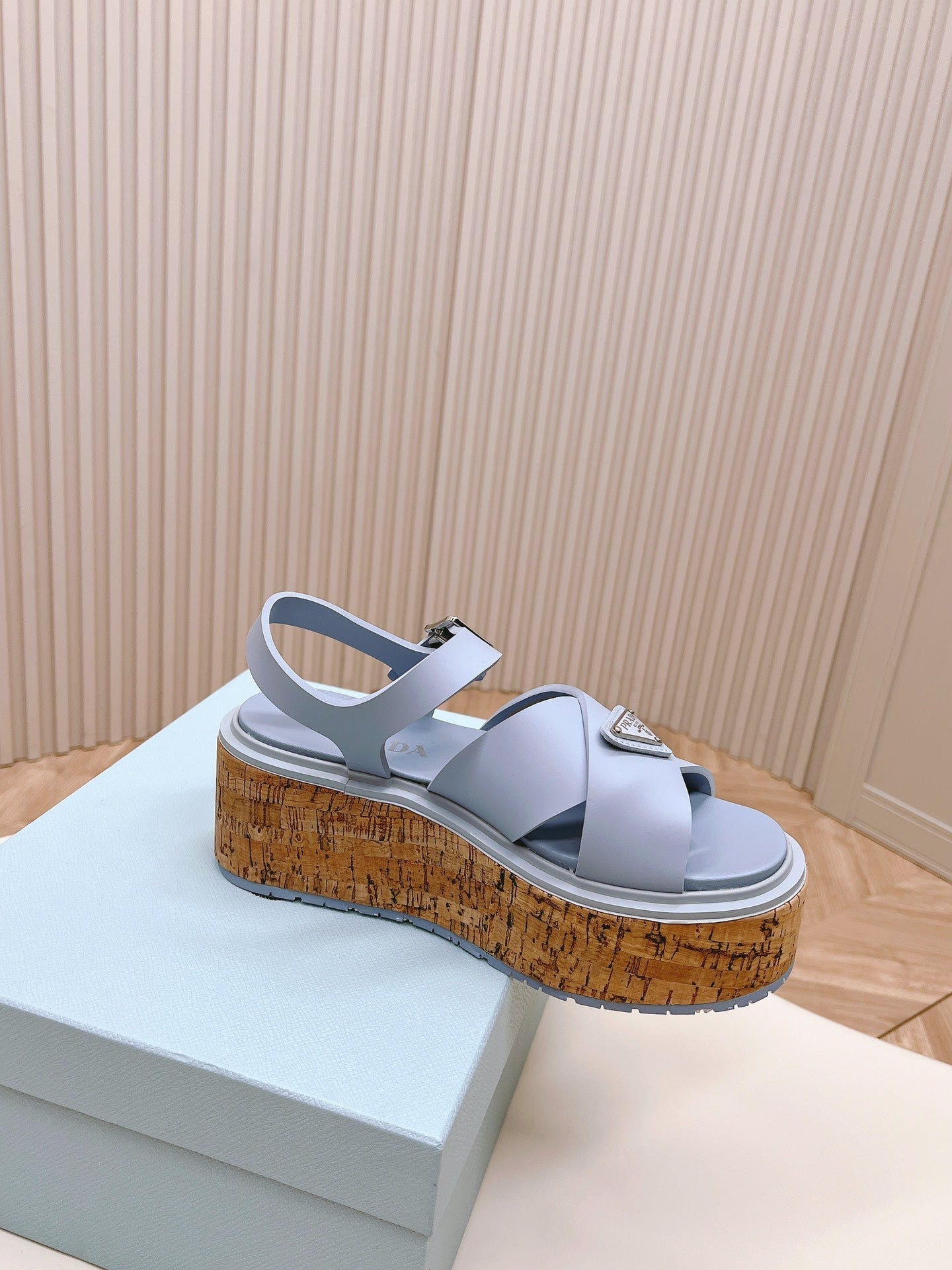 PRADA WEDGE PLATFORM SANLS SAPPHIRE CALFSKIN