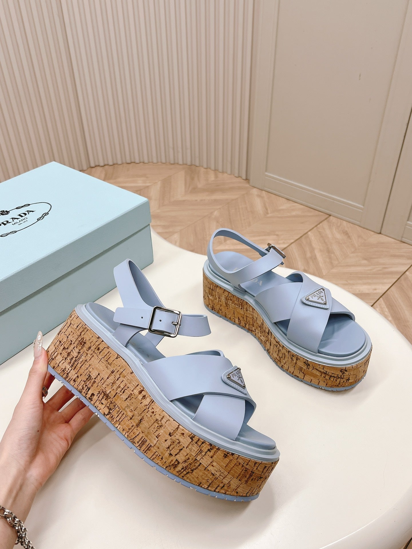 PRADA WEDGE PLATFORM SANLS SAPPHIRE CALFSKIN