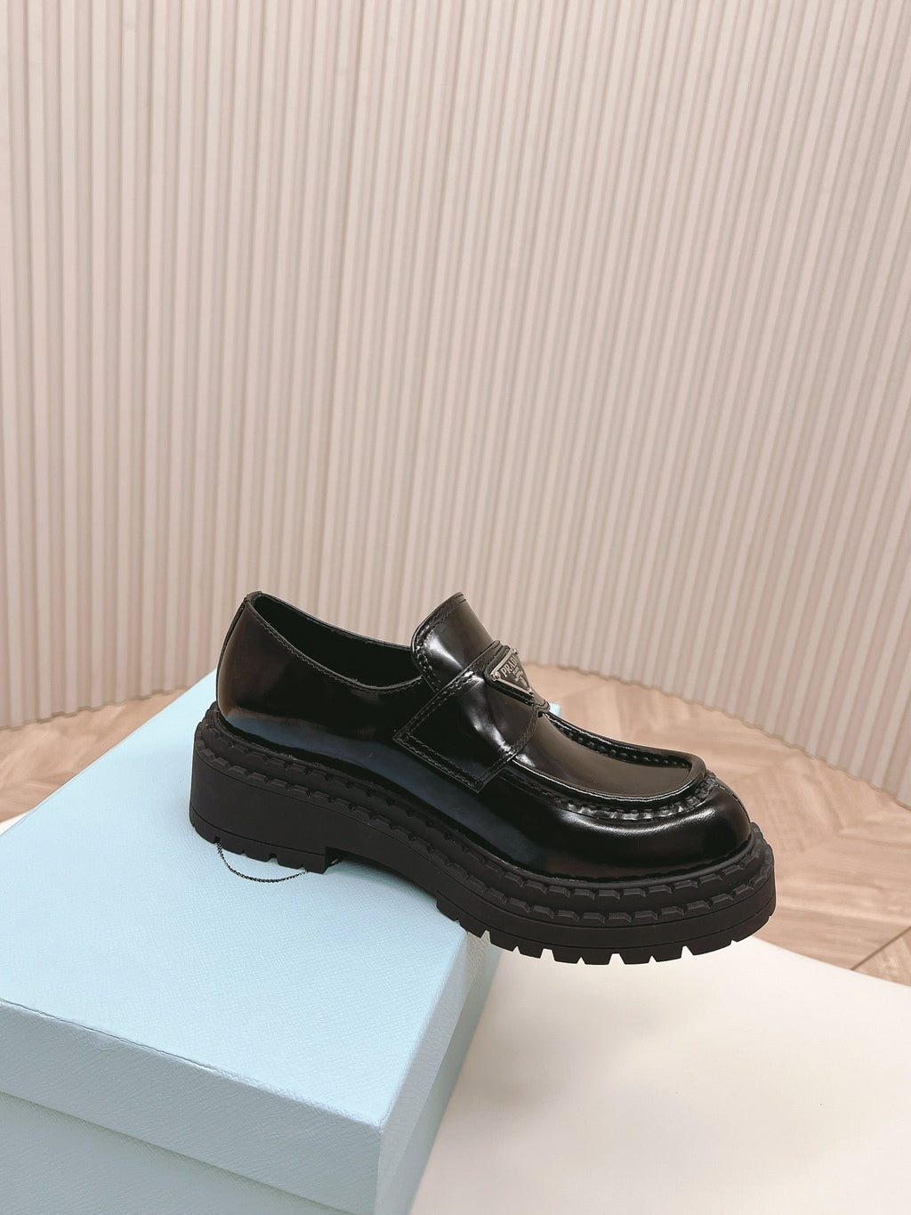 PRADA BRUSHED MONOLITH LOAFERS GLOSSY BLACK CALFSKIN