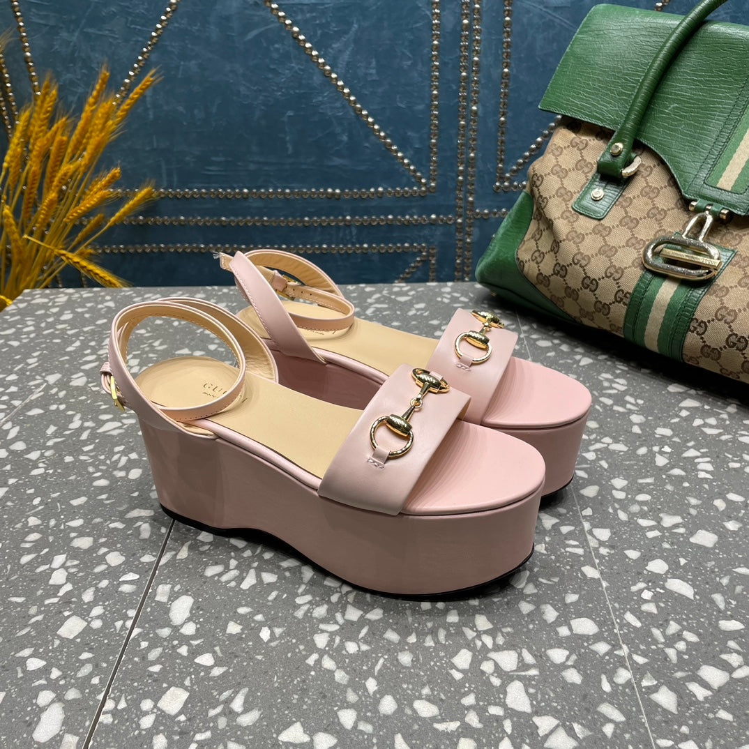 GUCCI HORSEBIT FLATFORM SANDAL PASTEL PINK CALFSKIN