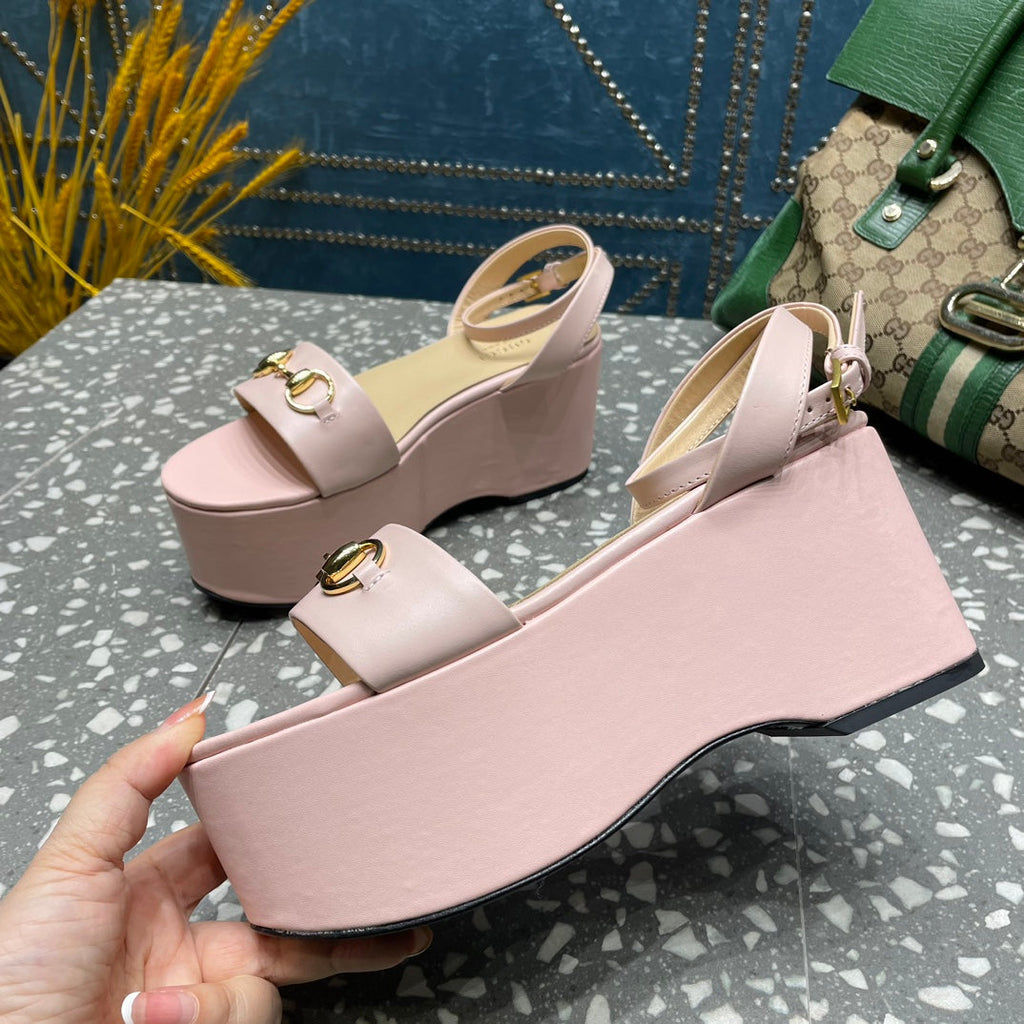 GUCCI HORSEBIT FLATFORM SANDAL PASTEL PINK CALFSKIN