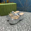 GUCCI HIGH WEDGE PLATFORM IN SILVER CALFSKIN WITH GOLD HARDWARE