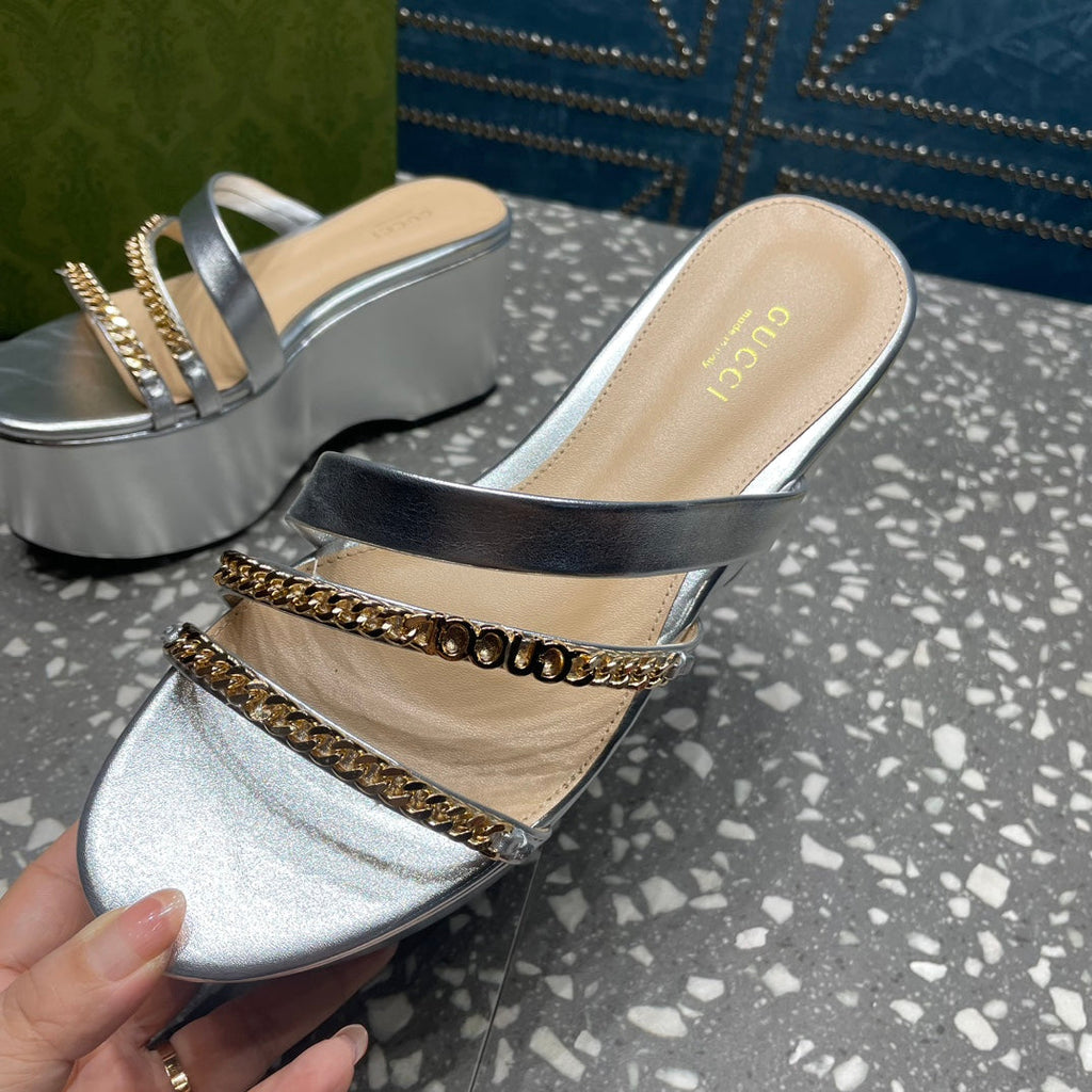 GUCCI HIGH WEDGE PLATFORM IN SILVER CALFSKIN WITH GOLD HARDWARE