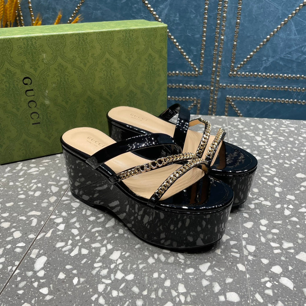 GUCCI HIGH WEDGE PLATFORM IN BLACK CALFSKIN WITH GOLD HARDWARE