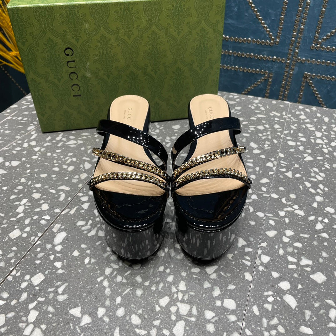 GUCCI HIGH WEDGE PLATFORM IN BLACK CALFSKIN WITH GOLD HARDWARE