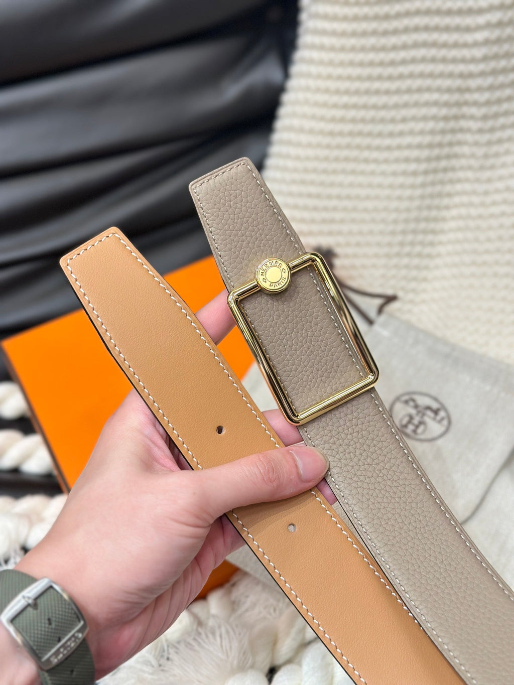 HERMES OSCAR BELT GOLD BUCKLE & REVERSIBLE HONEY ORANGE LEATHER STRAP 38MM