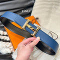 HERMES 5382 BELT GOLD BUCKLE & REVERSIBLE NAVY BLUE LEATHER STRAP 38MM