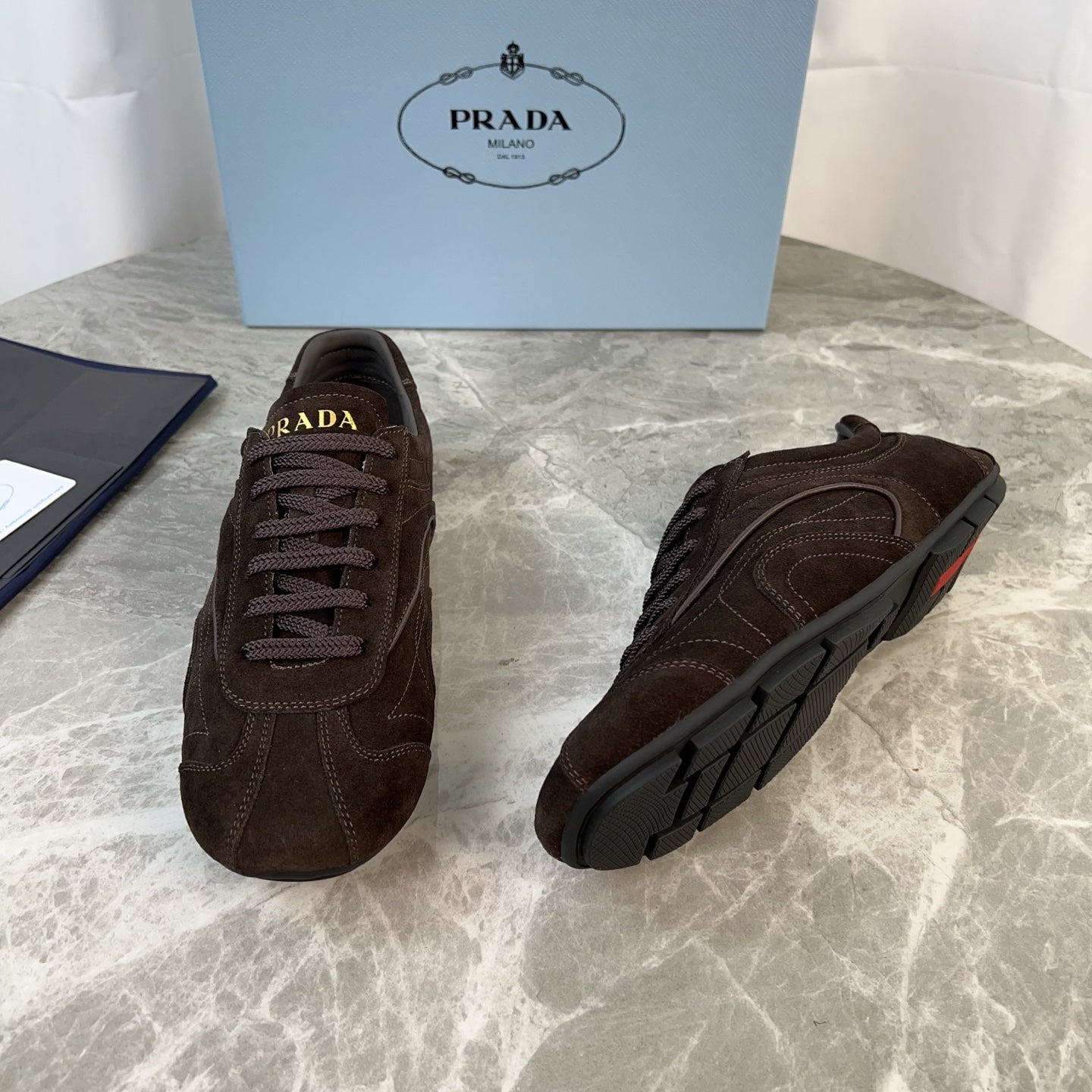 PRADA 25S MONTECARLO ANTIQUED SNEAKERS IN RK BROWN SUEDE