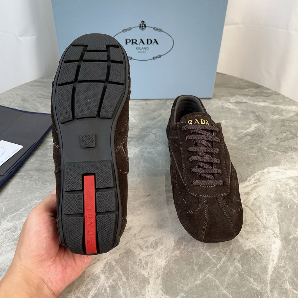 PRADA 25S MONTECARLO ANTIQUED SNEAKERS IN RK BROWN SUEDE