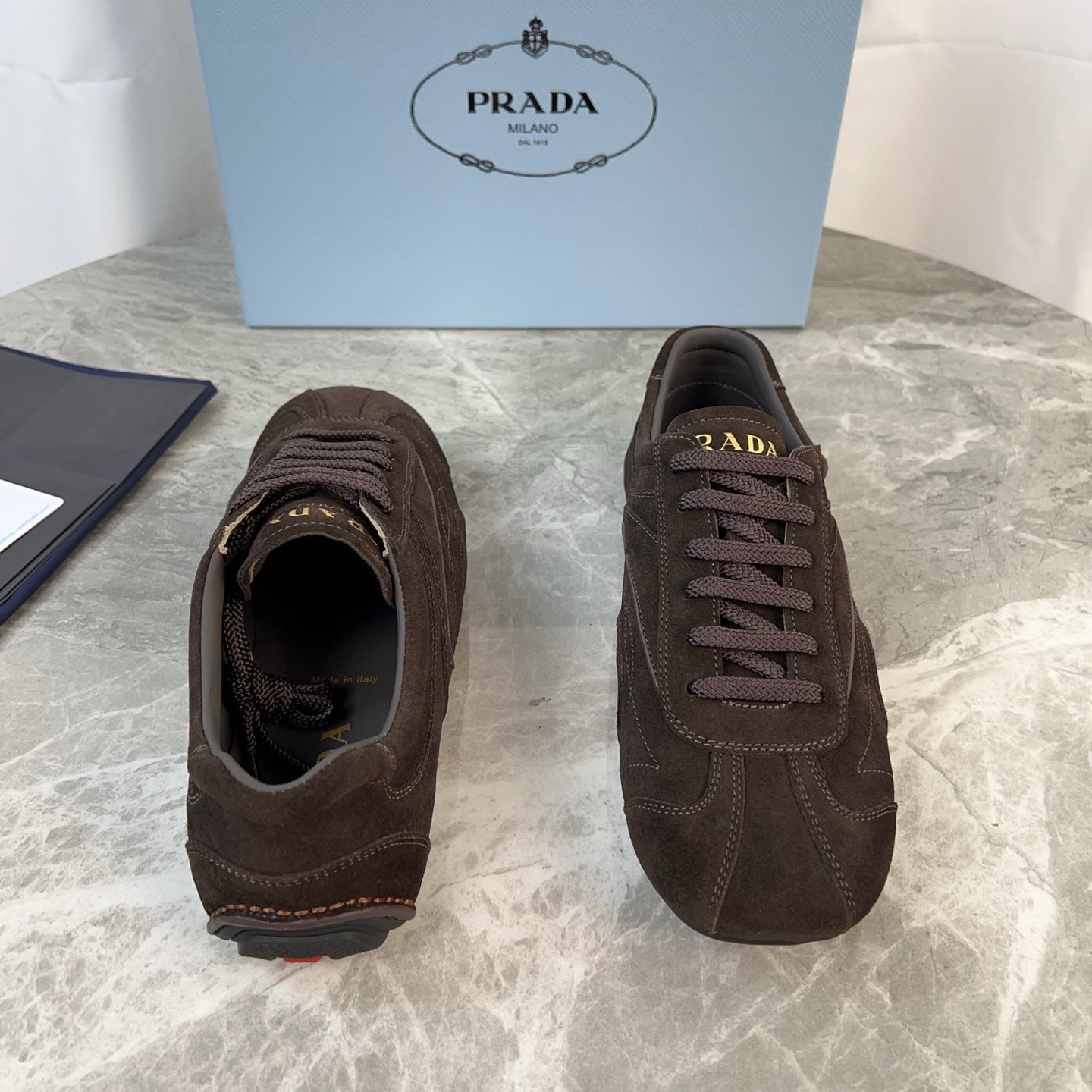 PRADA 25S MONTECARLO ANTIQUED SNEAKERS IN RK BROWN SUEDE
