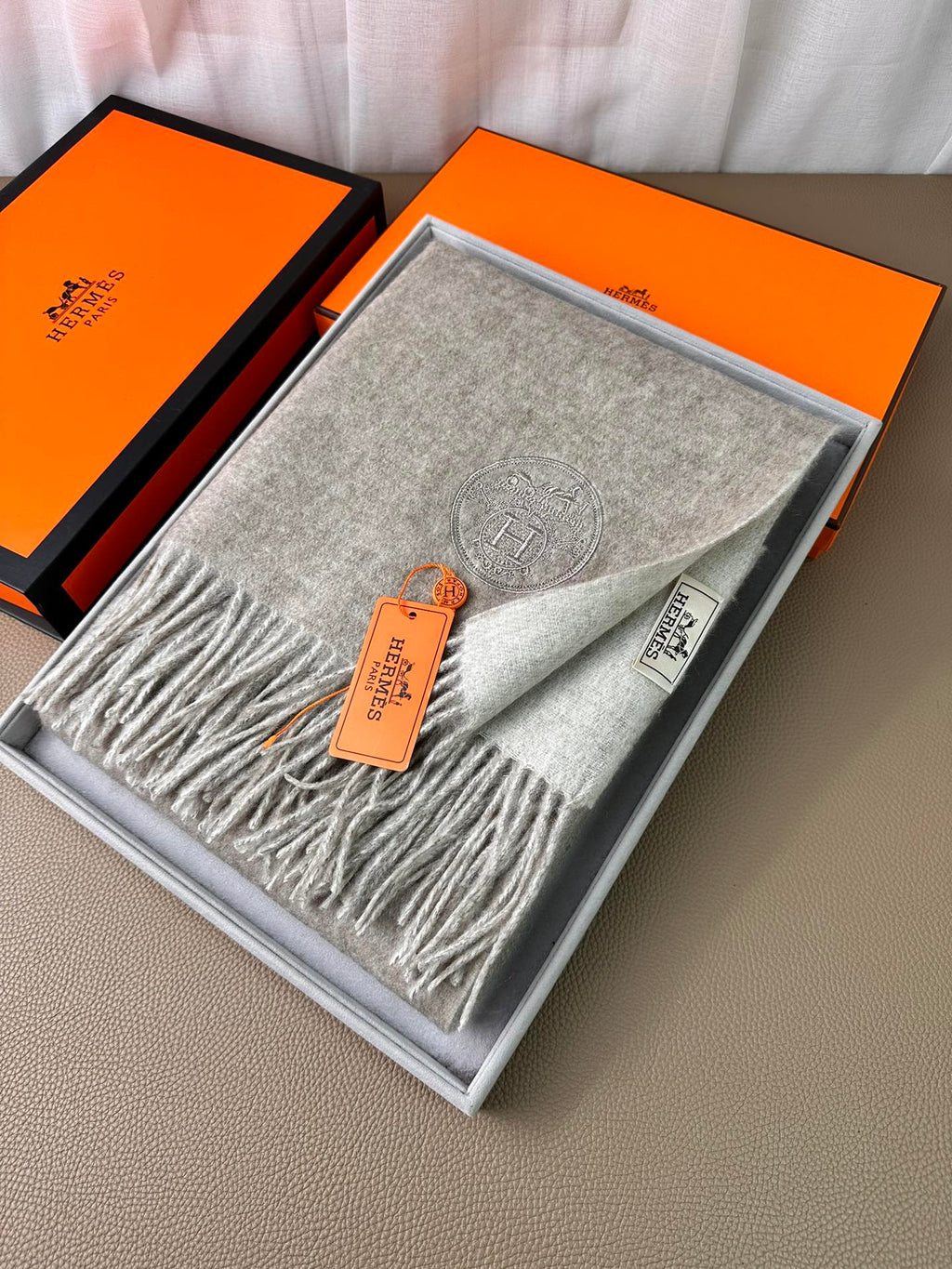 HERMES DOUBLE-FACE SCARF 200 CM IN GREY CASERE