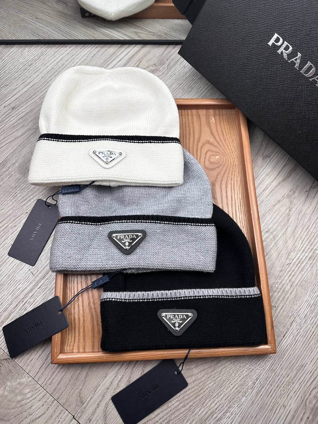 PRADA BEANIE HAT IN DOVE GRAY WOOL 349650
