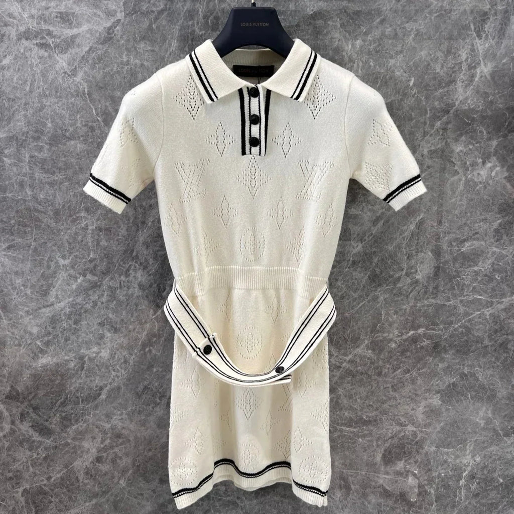 LOUIS VUITTON Stripe Accent Knit Polo Dress White Black Wool And Cashmere