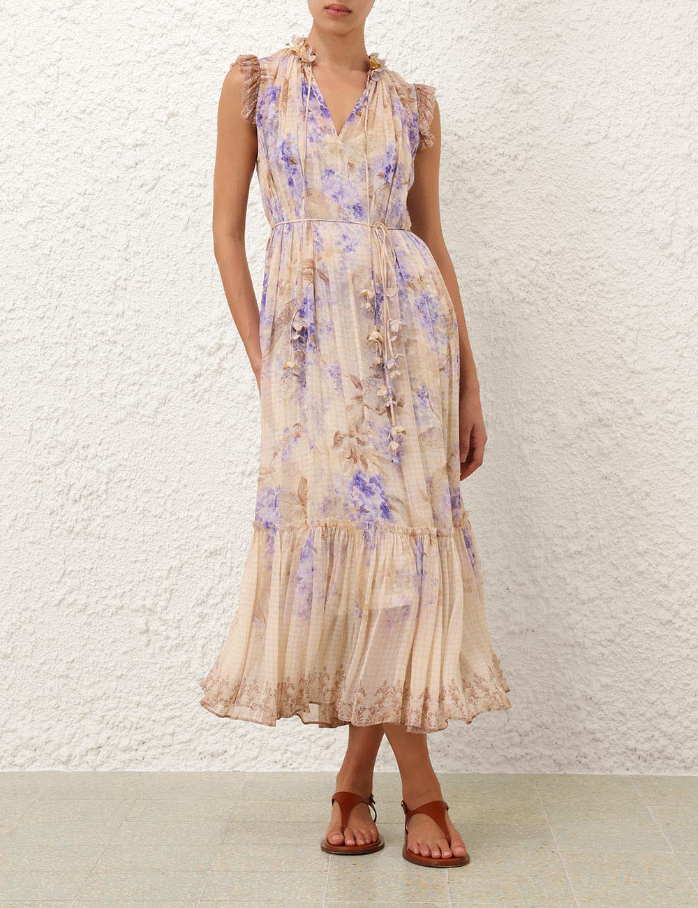 ZIMMER PLEATED V-NECK SLEEVELESS DRESS IN BEIGE MIX PURPLE
