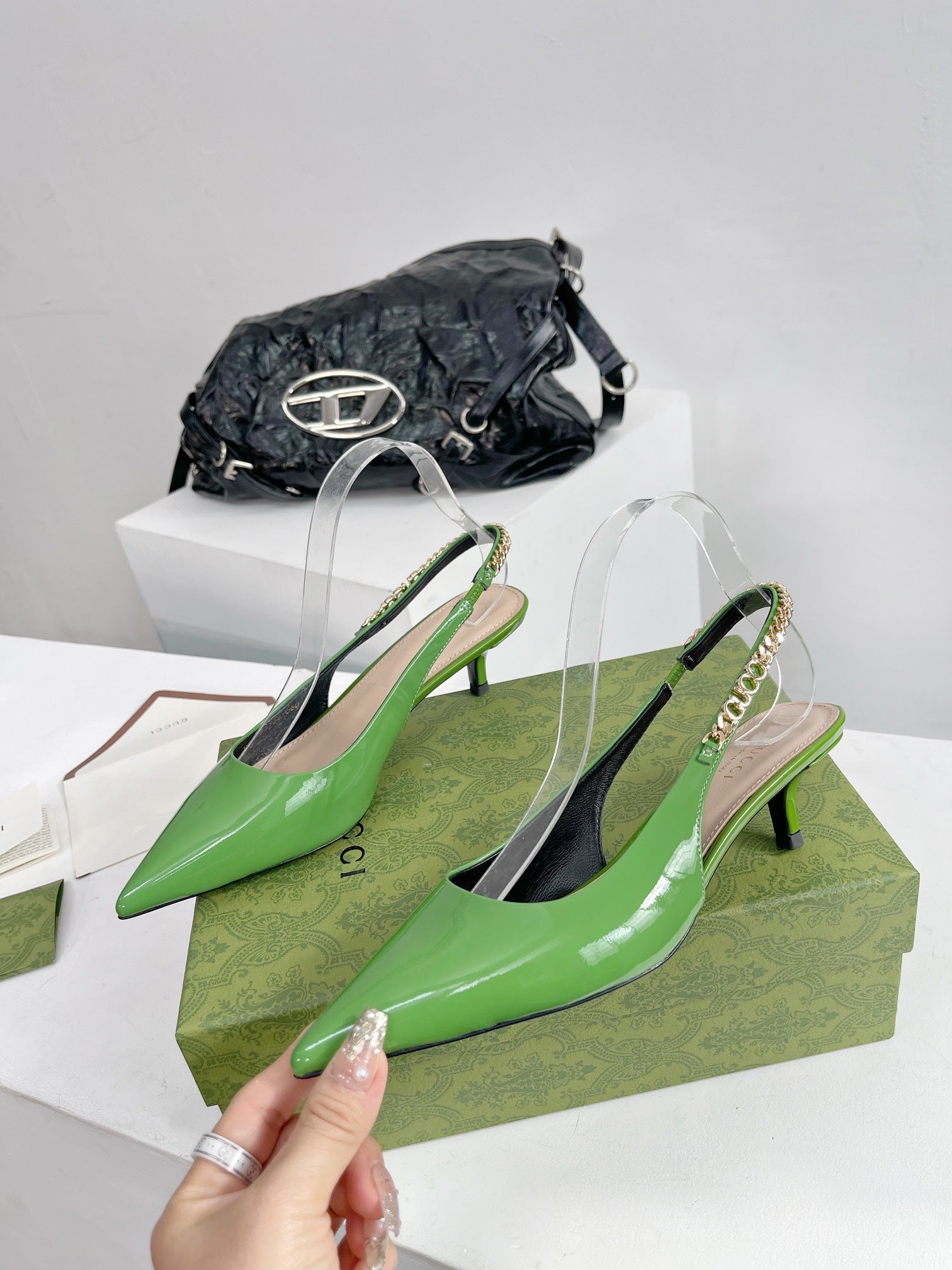 GUCCI SIGNORIA 45 SLINGBACK PUMP GREEN LAMBSKIN