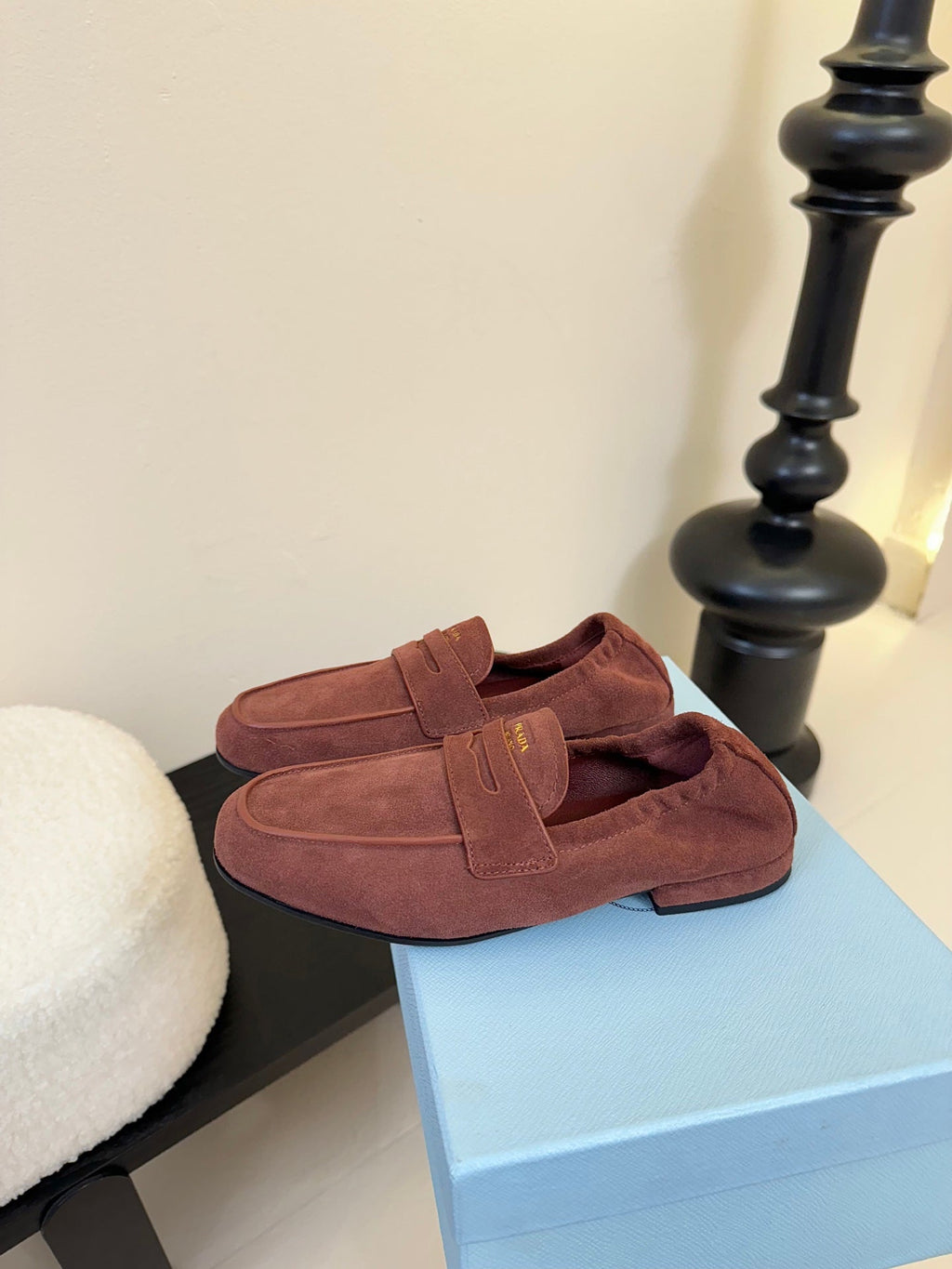 PRADA 25S SHUFFLE LOAFERS IN RK BROWN SUEDE