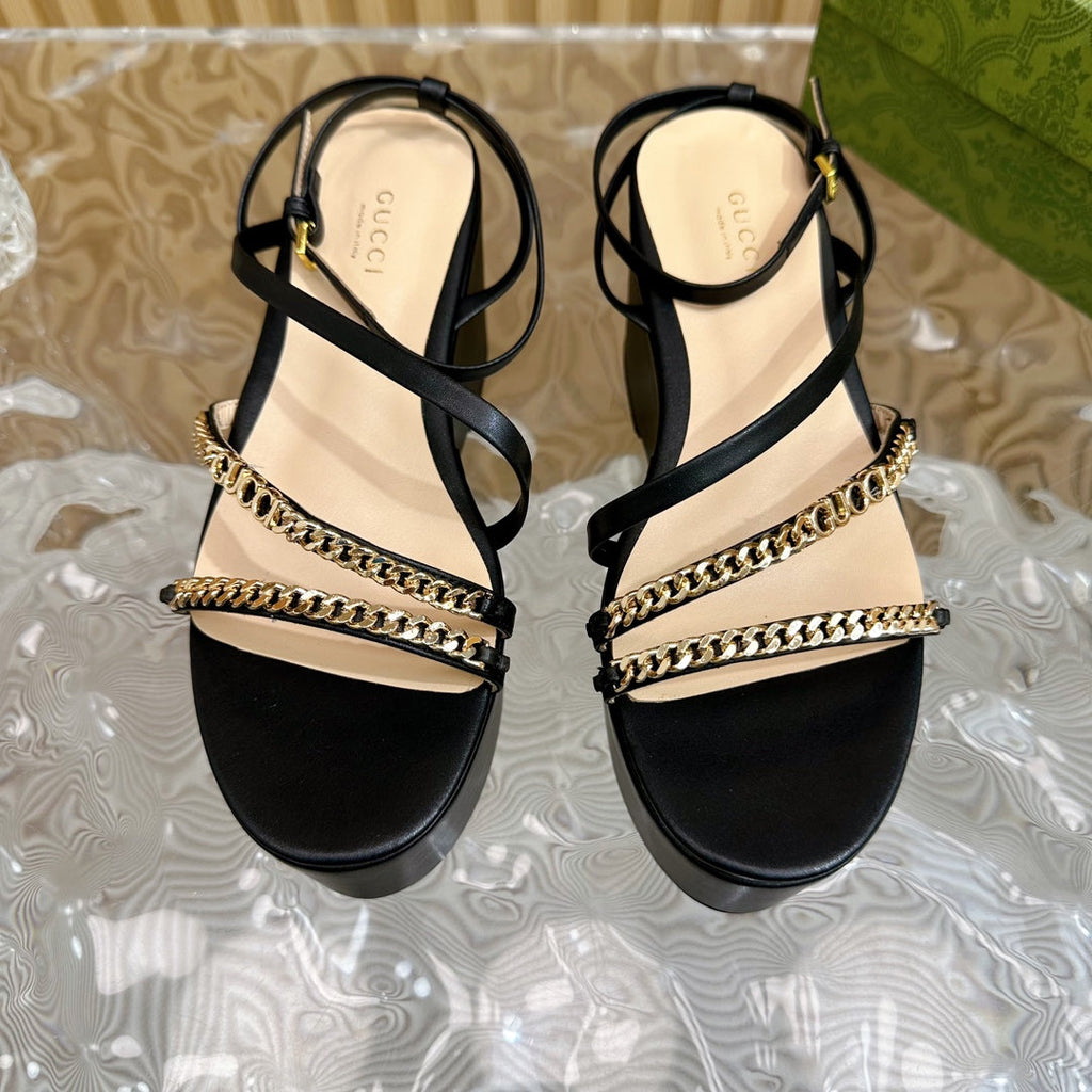 GUCCI PLATFORM SANDAL BLACK CALFSKIN WITH CHAINS