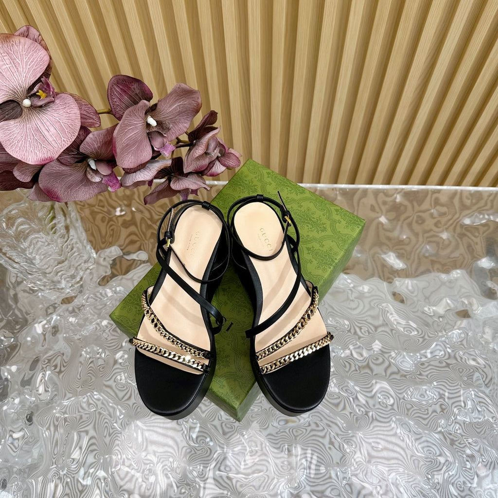GUCCI PLATFORM SANDAL BLACK CALFSKIN WITH CHAINS