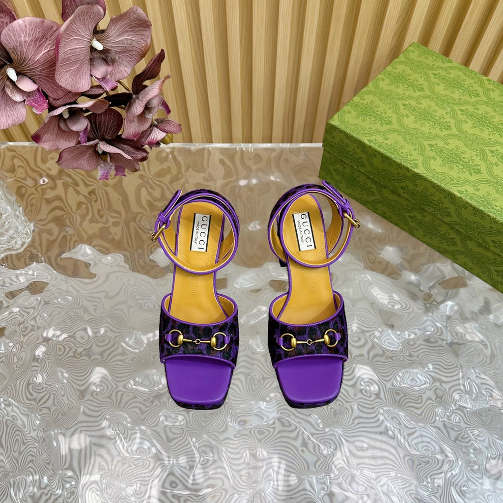 GUCCI HORSEBIT HIGH-HEEL SANDAL WITH LEOPARD PRINT IN PURPLE VELVET AND CALFSKIN LINING