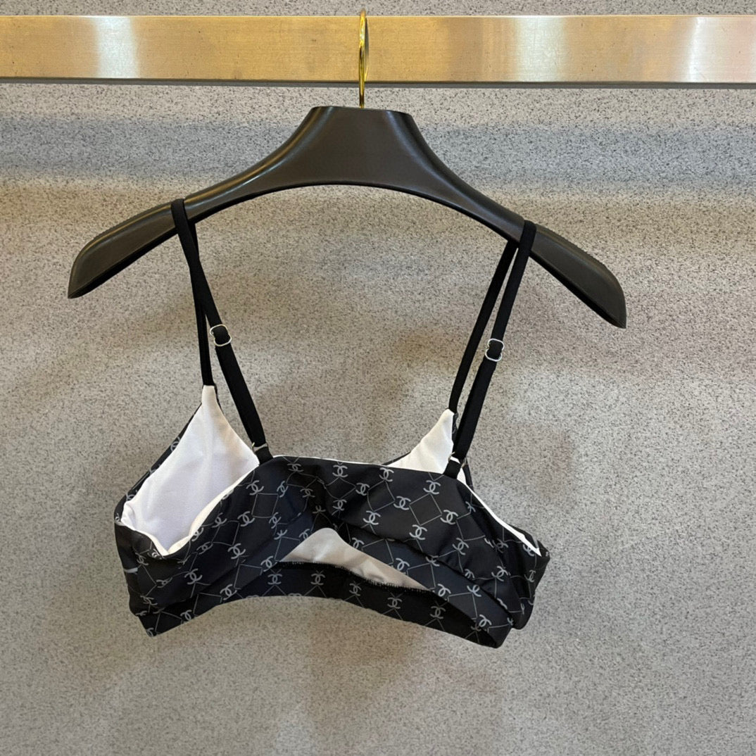 CHANEL BIKINI SWIMSUIT SET IN BLACK AND WHITE LOGO PRINTED 581298