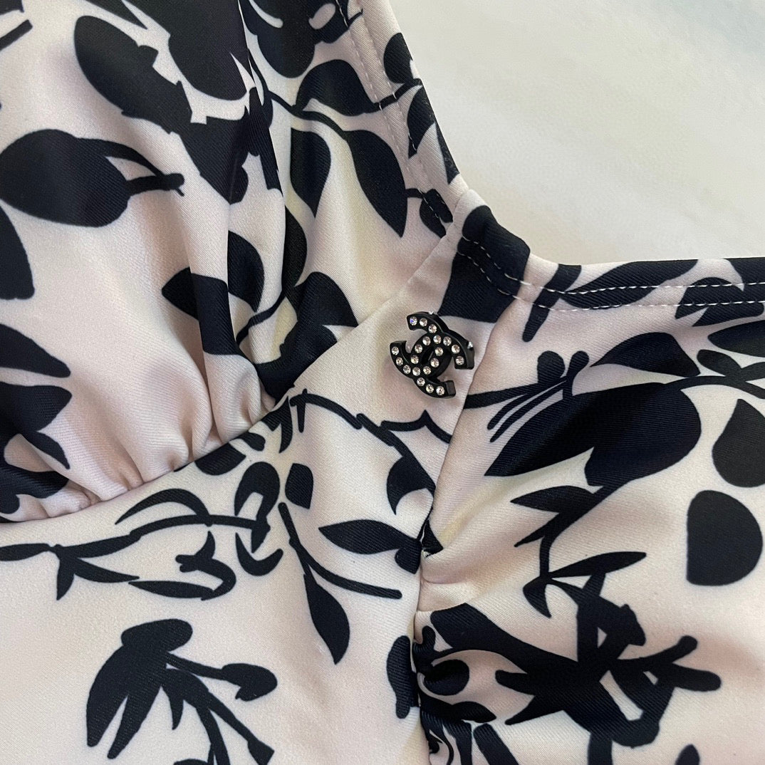 CHANEL BIKINI SWIMSUIT SET IN IVORY WITH BLACK VELVET FLORAL EMBROIDERY 581303