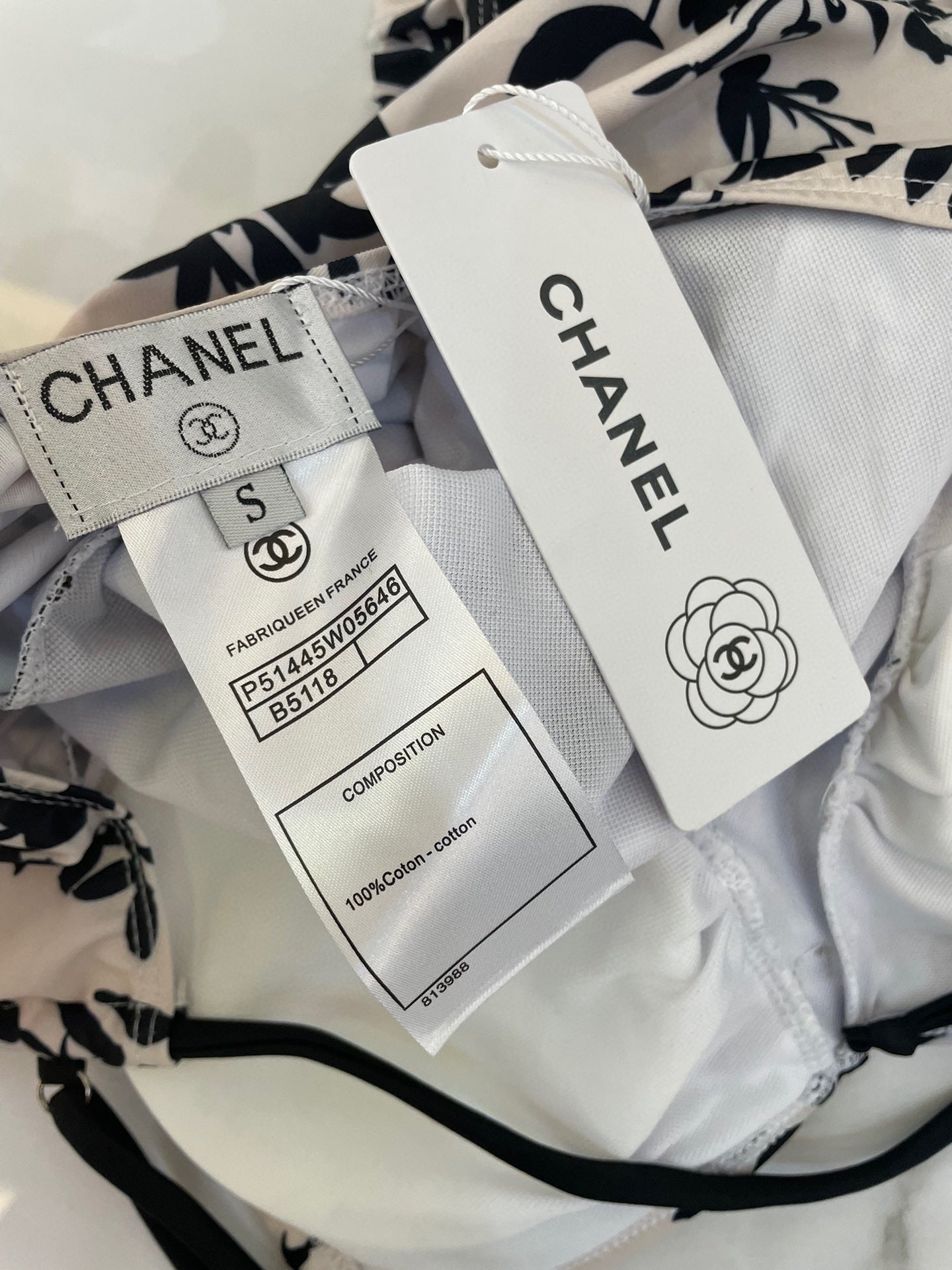 CHANEL BIKINI SWIMSUIT SET IN IVORY WITH BLACK VELVET FLORAL EMBROIDERY 581303