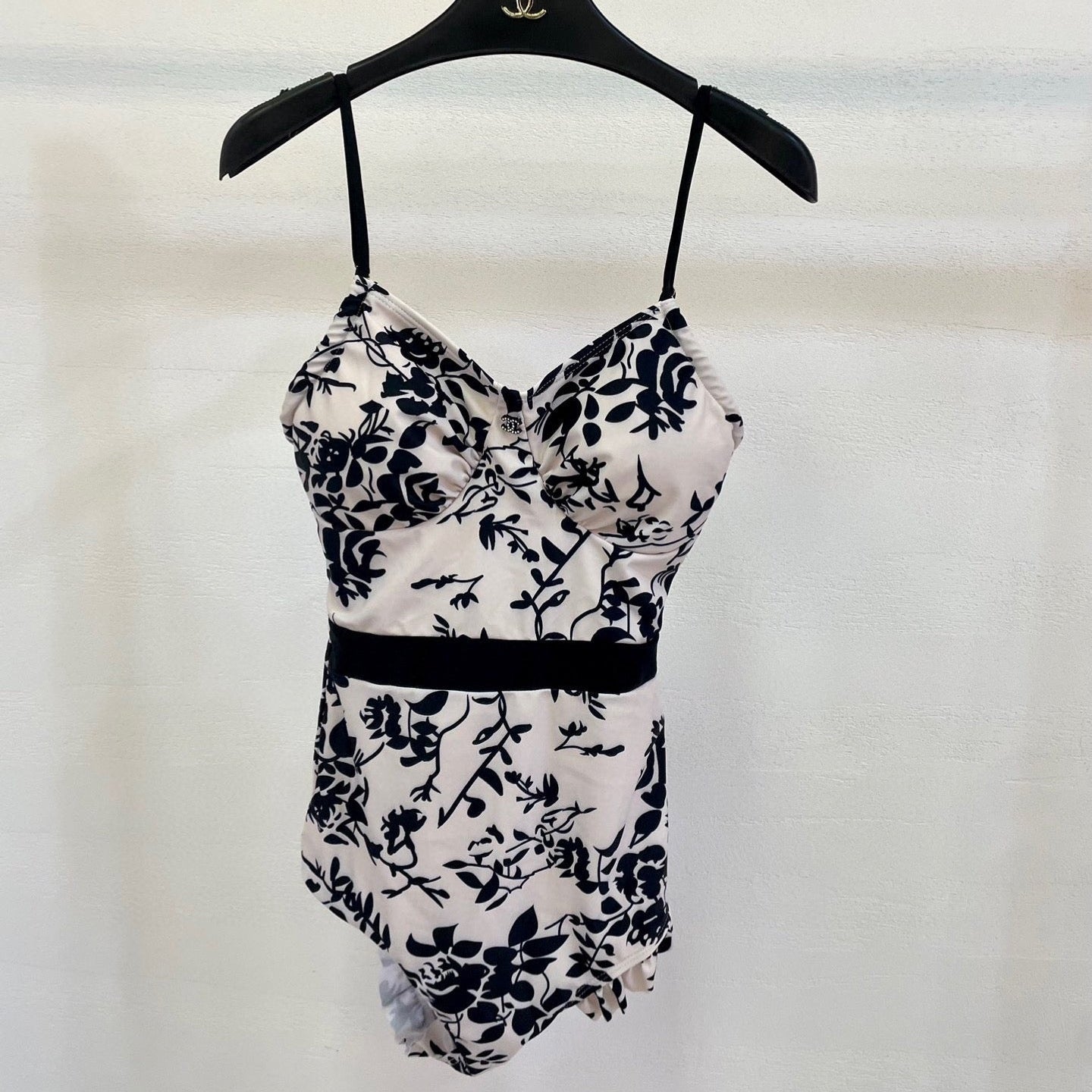 CHANEL BIKINI SWIMSUIT SET IN IVORY WITH BLACK VELVET FLORAL EMBROIDERY 581303