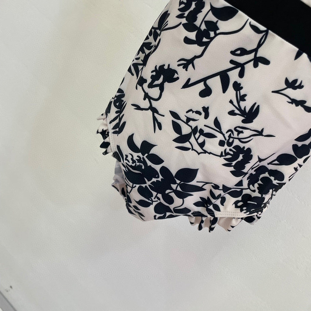 CHANEL BIKINI SWIMSUIT SET IN IVORY WITH BLACK VELVET FLORAL EMBROIDERY 581303