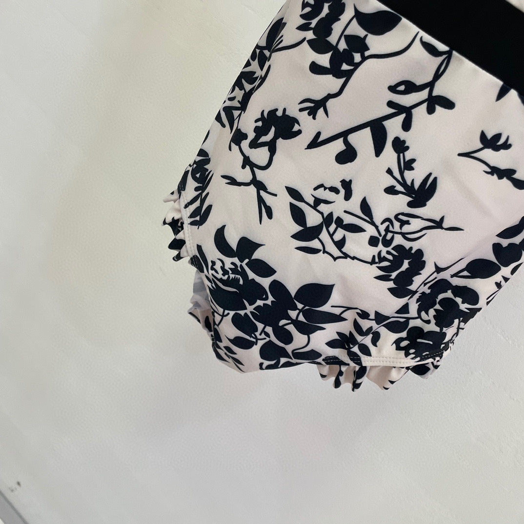 CHANEL BIKINI SWIMSUIT SET IN IVORY WITH BLACK VELVET FLORAL EMBROIDERY 581303
