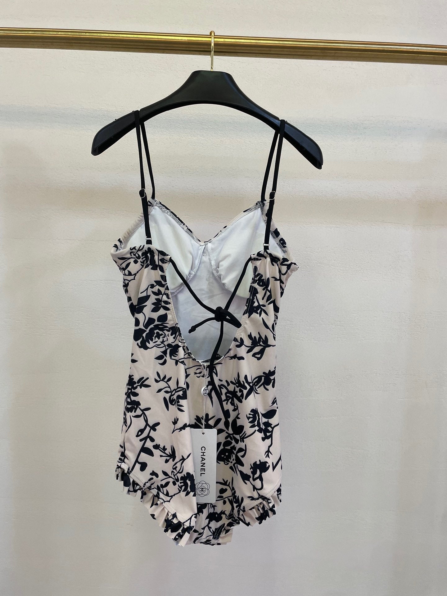 CHANEL BIKINI SWIMSUIT SET IN IVORY WITH BLACK VELVET FLORAL EMBROIDERY 581303