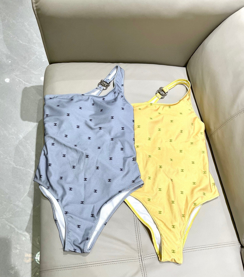 CHANEL BIKINI SWIMSUIT SET IN YELLOW AND GREEN LOGO 593033