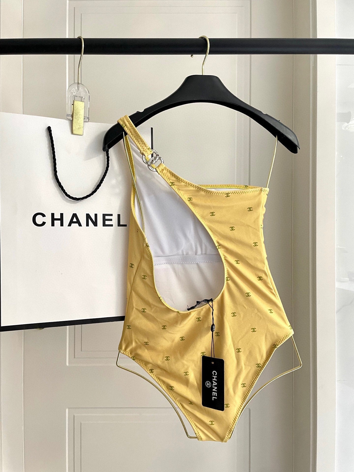 CHANEL BIKINI SWIMSUIT SET IN YELLOW AND GREEN LOGO 593033