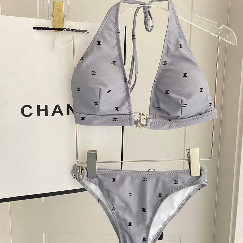 CHANEL BIKINI SWIMSUIT SET IN GREY AND BLACK LOGO 599155