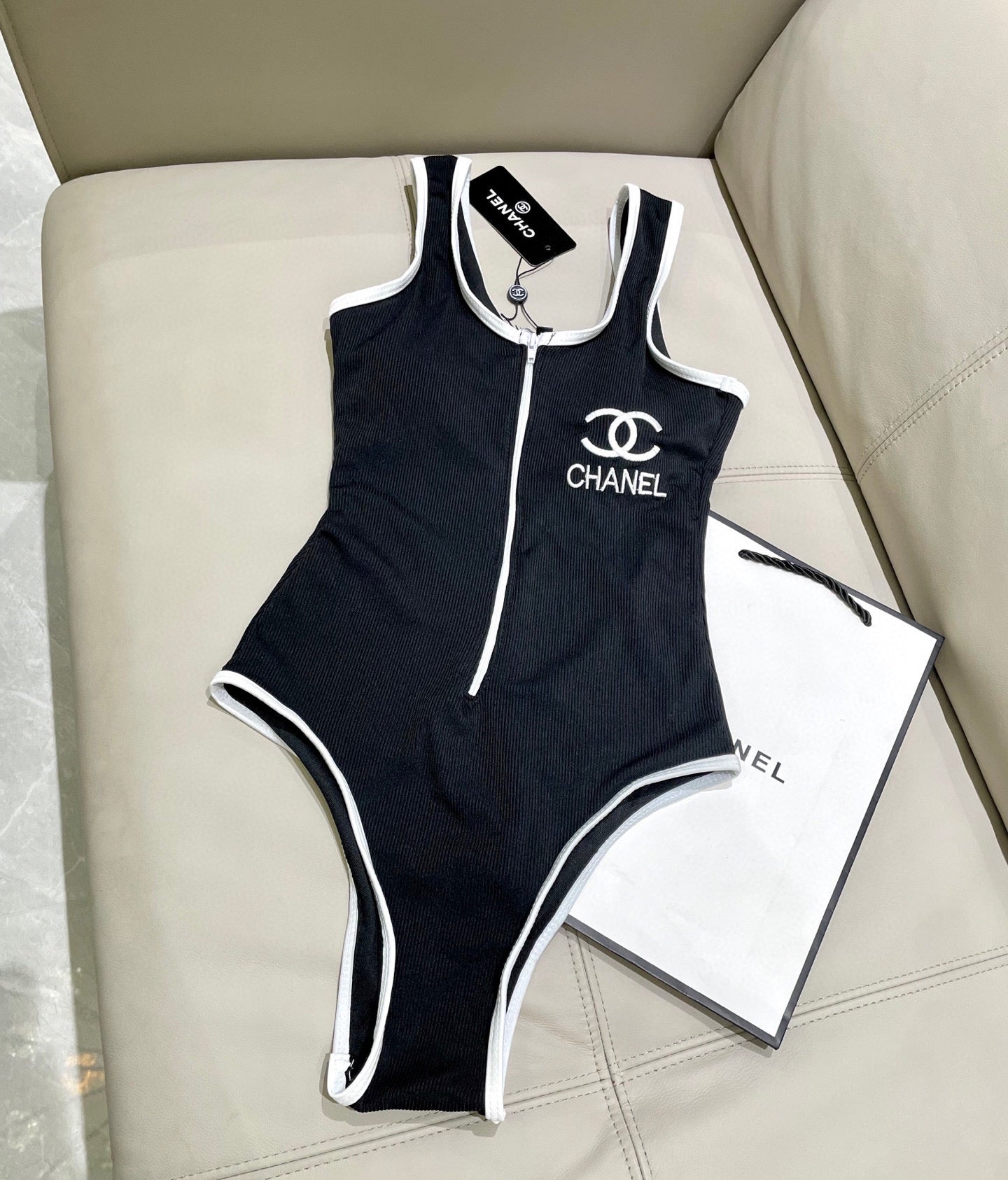 CHANEL BIKINI SWIMSUIT SET IN BLACK AND  WHITE TRIM 604255