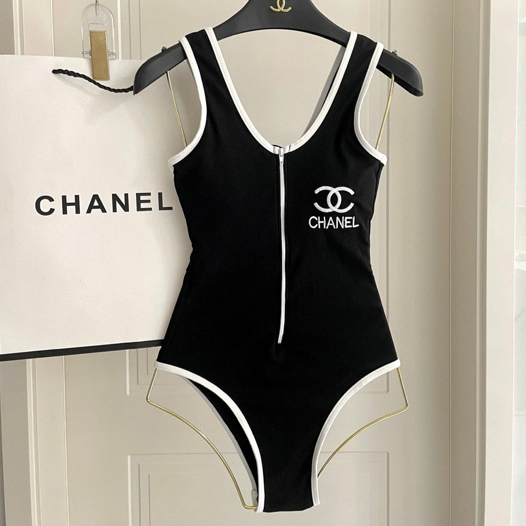 CHANEL BIKINI SWIMSUIT SET IN BLACK AND  WHITE TRIM 604255